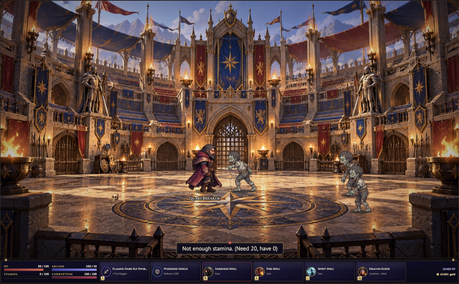Moonspire Academy battle arena, with a character facing two zombies and an inventory bar of spells and items
