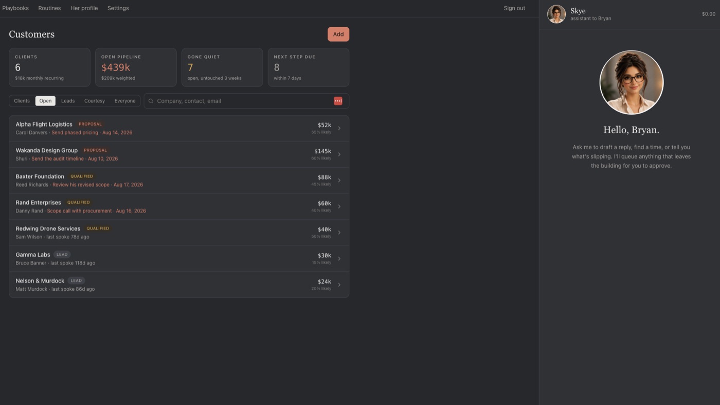 Skye’s customer view, with pipeline summary and a chat panel for asking Skye to draft replies or find meeting times